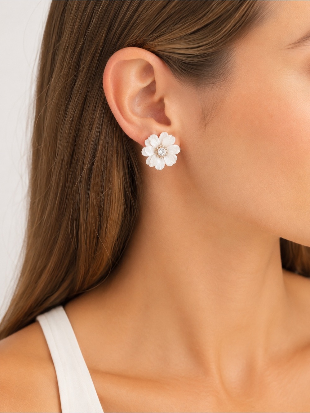 J.Crew White Floral Statement Earrings Silver Rhinestone Center Romantic NWT